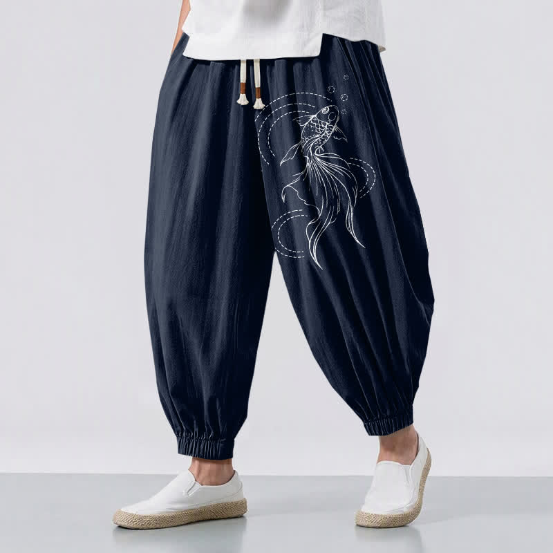 Buddha Stones Pantaloni harem da uomo in puro cotone con coulisse e tasche, fantasia a pesci koi. - Marina - US/UK/AU50, EU60 (5XL) - image 0