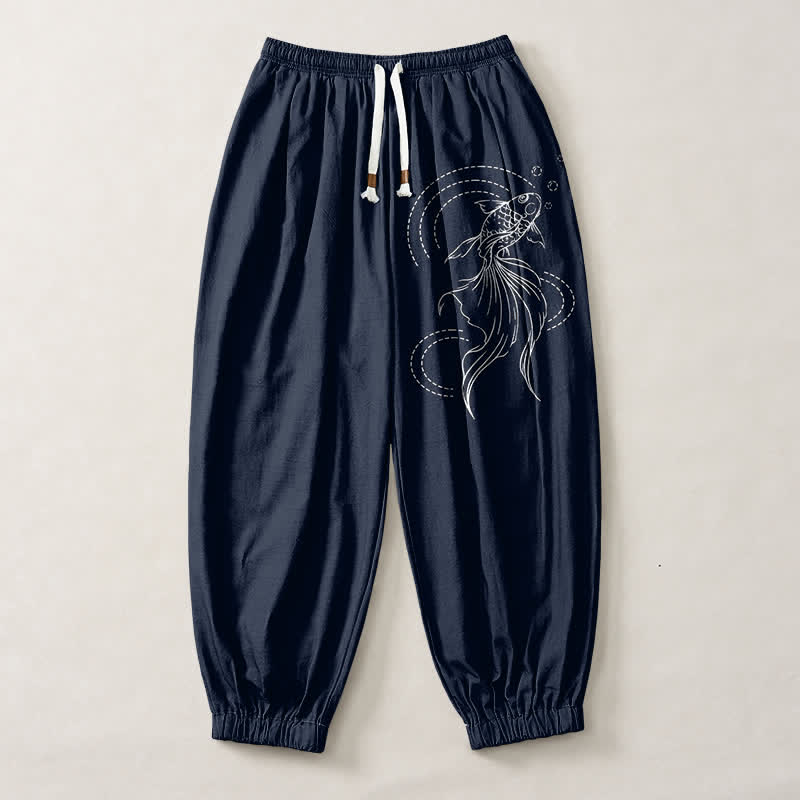 Buddha Stones Pantaloni harem da uomo in puro cotone con coulisse e tasche, fantasia a pesci koi. - image 1