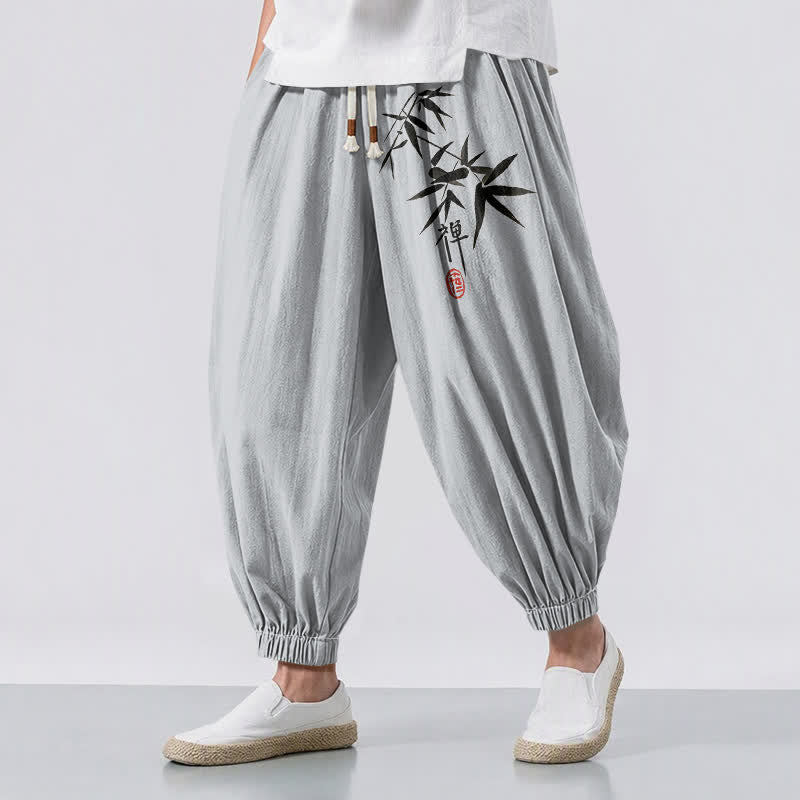 Buddha Stones Pantaloni harem da uomo in puro cotone con stampa effetto bambù e coulisse, con tasche. - Grigio chiaro - US/UK/AU50, EU60 (5XL) - image 0