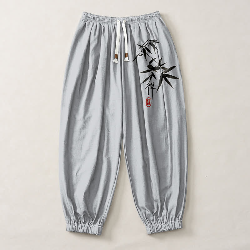 Buddha Stones Pantaloni harem da uomo in puro cotone con stampa effetto bambù e coulisse, con tasche. - image 1