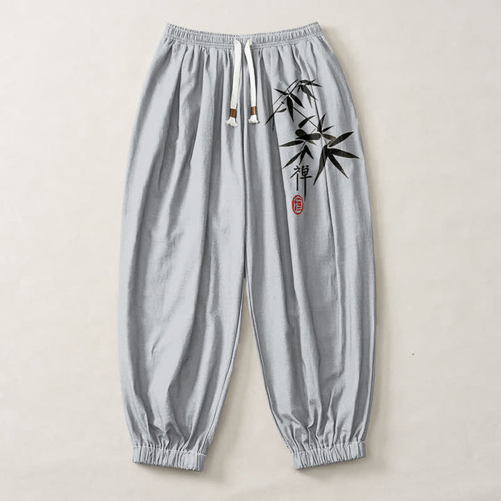 Buddha Stones Pantaloni harem da uomo in puro cotone con stampa effetto bambù e coulisse, con tasche. - image 1