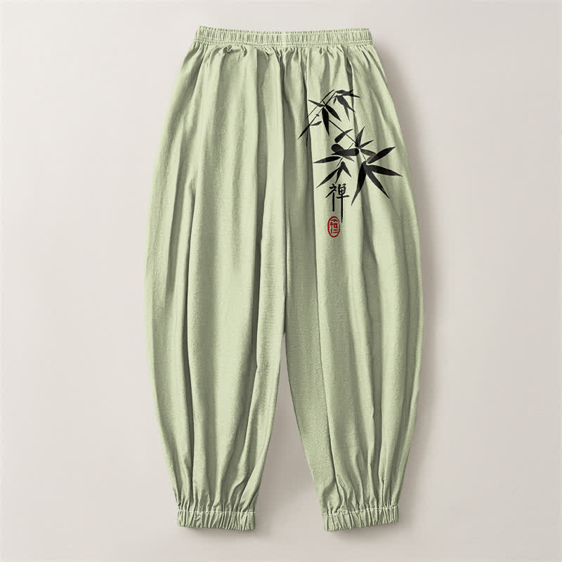 Buddha Stones Pantaloni harem da uomo in puro cotone con stampa effetto bambù e coulisse, con tasche. - image 8