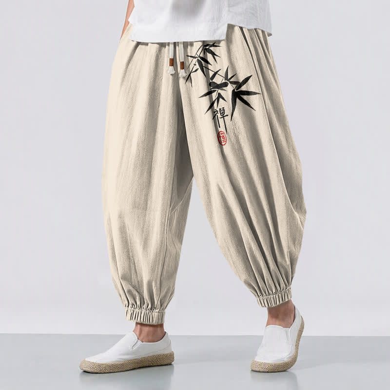 Buddha Stones Pantaloni harem da uomo in puro cotone con stampa effetto bambù e coulisse, con tasche. - Beige - US/UK/AU50, EU60 (5XL) - image 12