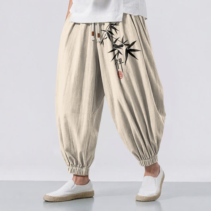 Buddha Stones Pantaloni harem da uomo in puro cotone con stampa effetto bambù e coulisse, con tasche. - Beige - US/UK/AU50, EU60 (5XL) - image 12