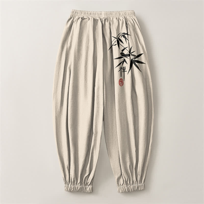 Buddha Stones Pantaloni harem da uomo in puro cotone con stampa effetto bambù e coulisse, con tasche. - image 14