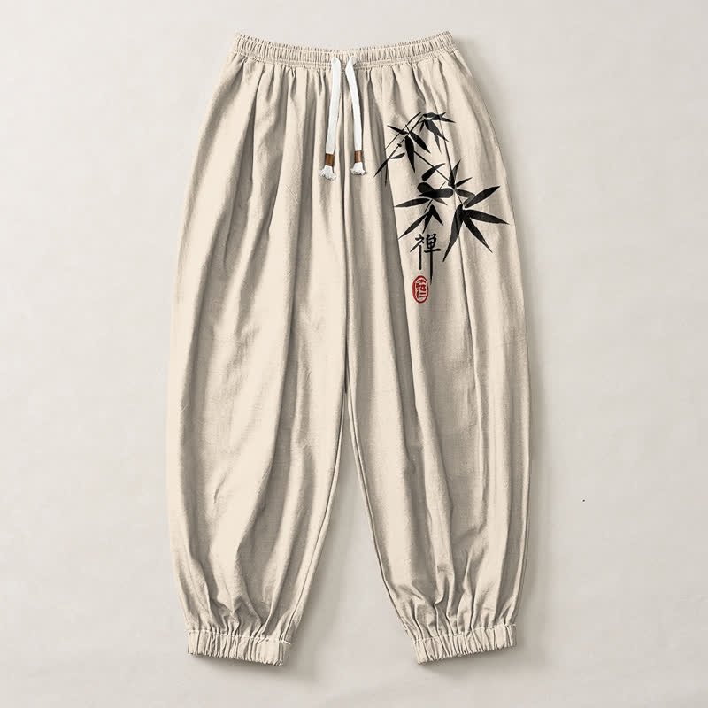 Buddha Stones Pantaloni harem da uomo in puro cotone con stampa effetto bambù e coulisse, con tasche. - image 13