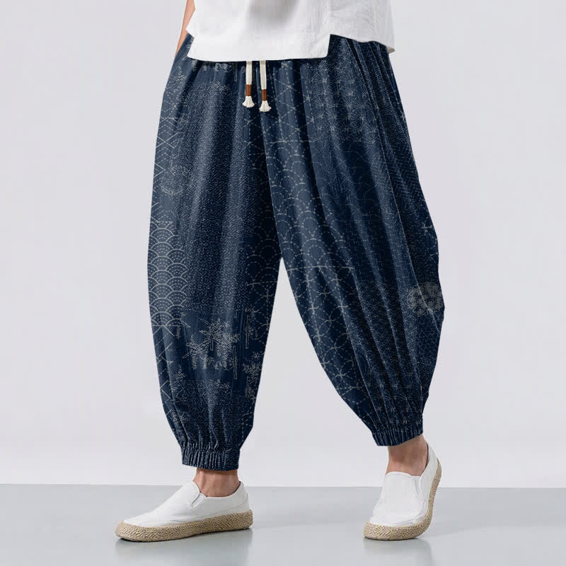 Buddha Stones Pantaloni harem da uomo in puro cotone con coulisse e tasche, fantasia geometrica a onde. - Marina - US/UK/AU50, EU60 (5XL) - image 0