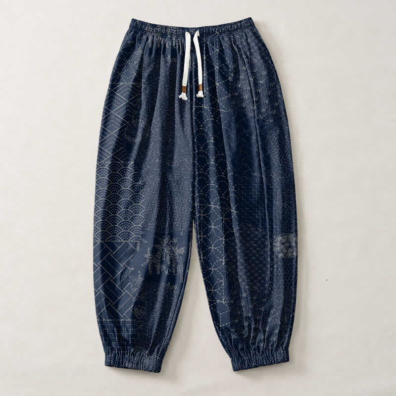 Buddha Stones Pantaloni harem da uomo in puro cotone con coulisse e tasche, fantasia geometrica a onde. - image 1