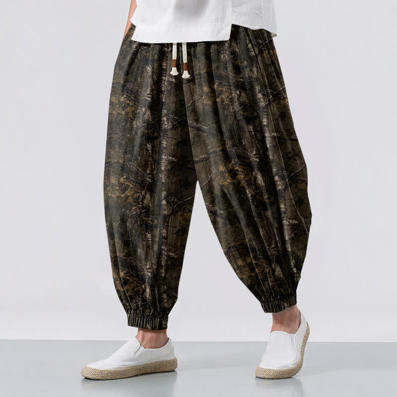 Buddha Stones Pantaloni harem da uomo in puro cotone con coulisse e tasche, fantasia mimetica effetto marmo. - Marrone sella - US/UK/AU50, EU60 (5XL) - image 0