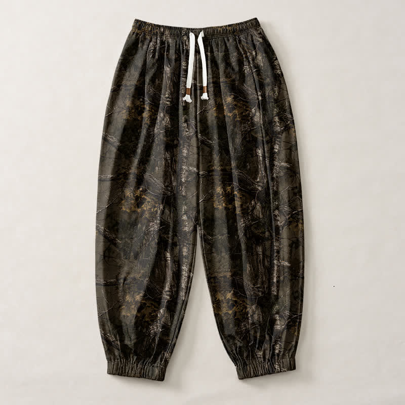 Buddha Stones Pantaloni harem da uomo in puro cotone con coulisse e tasche, fantasia mimetica effetto marmo. - image 1