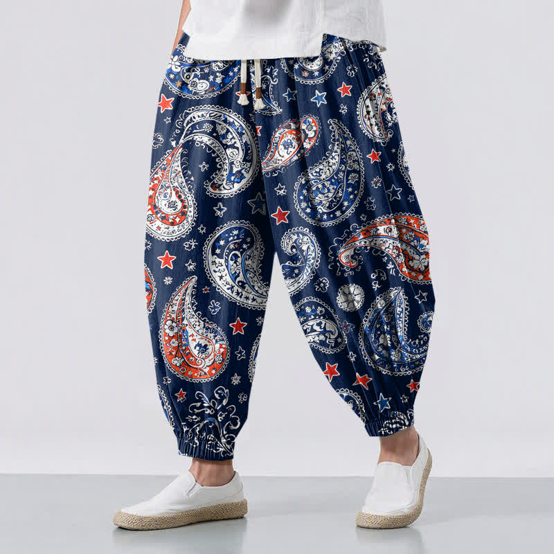 Buddha Stones Pantaloni harem da uomo in puro cotone con coulisse e tasche, fantasia paisley a stelle. - Marina - US/UK/AU50, EU60 (5XL) - image 0
