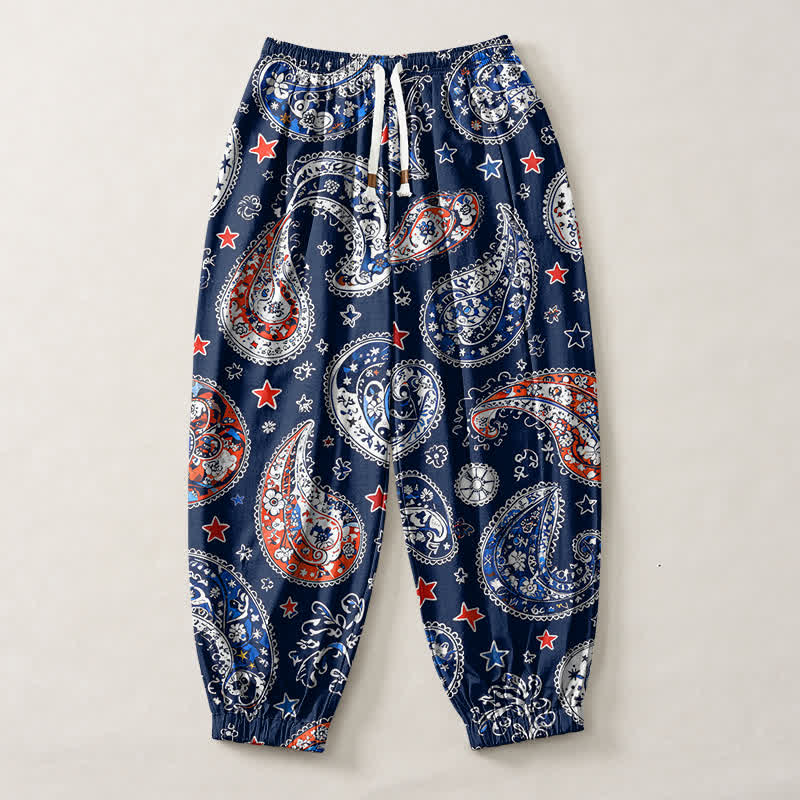 Buddha Stones Pantaloni harem da uomo in puro cotone con coulisse e tasche, fantasia paisley a stelle. - image 1