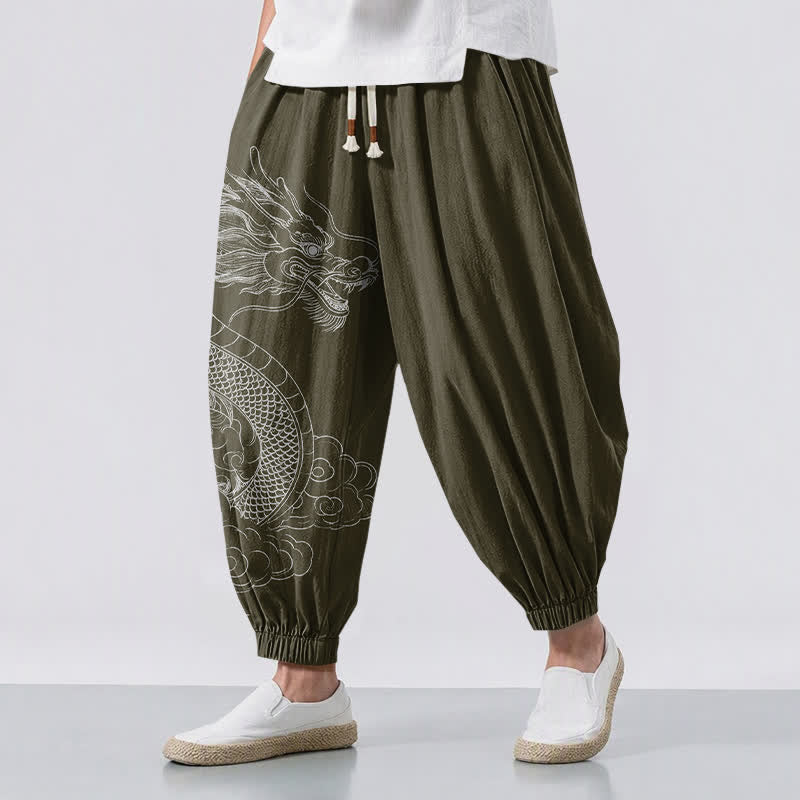 Buddha Stones Pantaloni harem da uomo in puro cotone bianco con motivo draghi e nuvole, con coulisse e tasche. - Verde oliva scuro - US/UK/AU50, EU60 (5XL) - image 0
