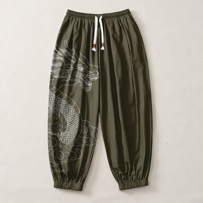 Buddha Stones Pantaloni harem da uomo in puro cotone bianco con motivo draghi e nuvole, con coulisse e tasche. - image 1