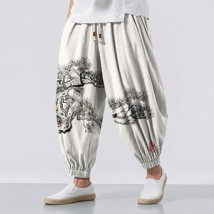 Buddha Stones Pantaloni harem da uomo in puro cotone con stampa a pino e coulisse, con tasche. - Avorio - US/UK/AU50, EU60 (5XL) - image 0