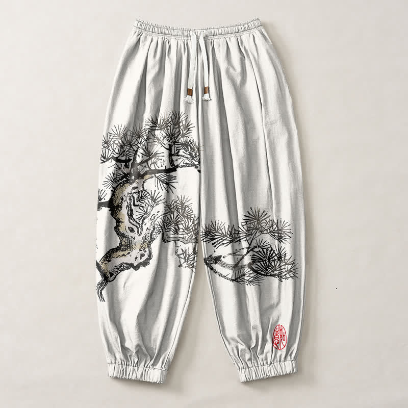 Buddha Stones Pantaloni harem da uomo in puro cotone con stampa a pino e coulisse, con tasche. - image 1