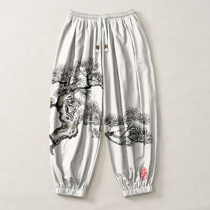 Buddha Stones Pantaloni harem da uomo in puro cotone con stampa a pino e coulisse, con tasche. - image 1