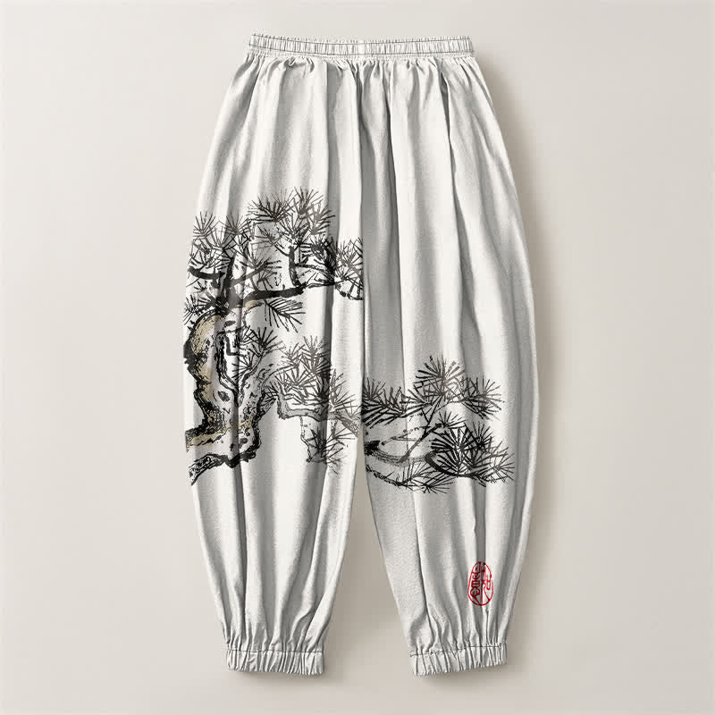 Buddha Stones Pantaloni harem da uomo in puro cotone con stampa a pino e coulisse, con tasche. - image 2
