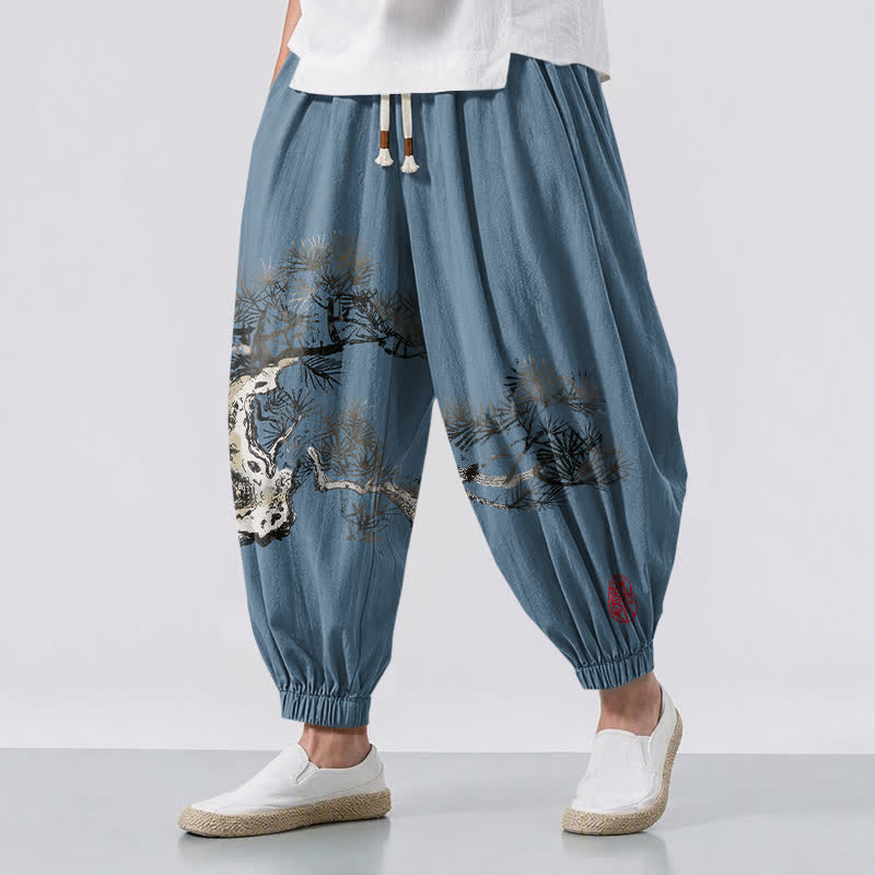 Buddha Stones Pantaloni harem da uomo in puro cotone con stampa a pino e coulisse, con tasche. - SteelBlue - US/UK/AU50, EU60 (5XL) - image 6