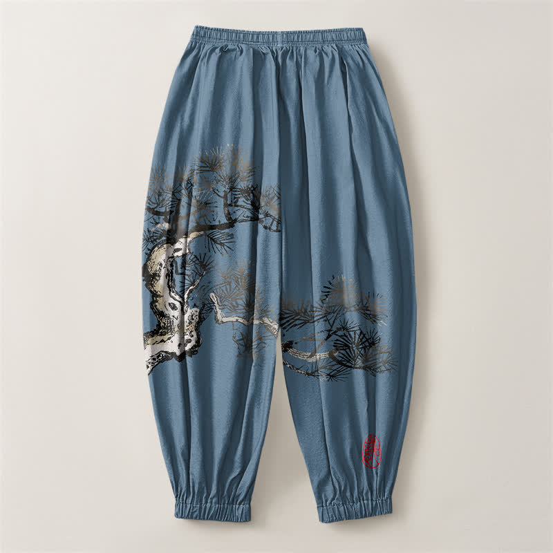 Buddha Stones Pantaloni harem da uomo in puro cotone con stampa a pino e coulisse, con tasche. - image 8