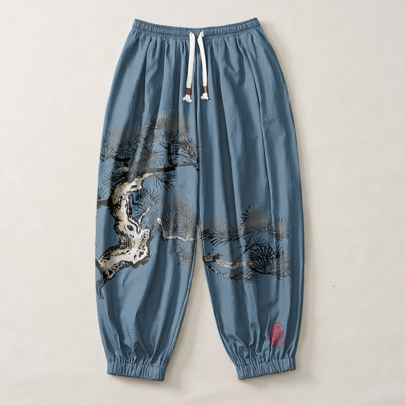Buddha Stones Pantaloni harem da uomo in puro cotone con stampa a pino e coulisse, con tasche. - image 7