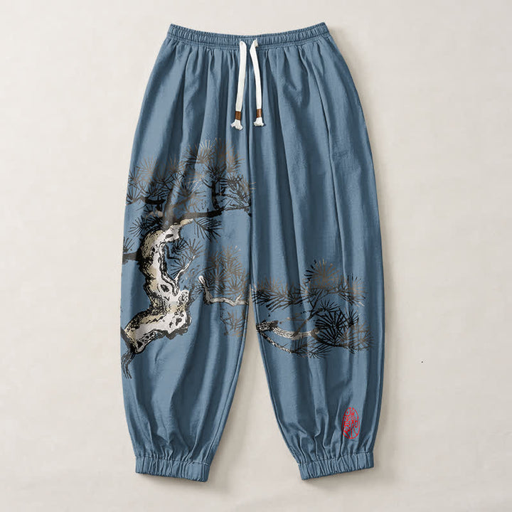 Buddha Stones Pantaloni harem da uomo in puro cotone con stampa a pino e coulisse, con tasche. - image 7