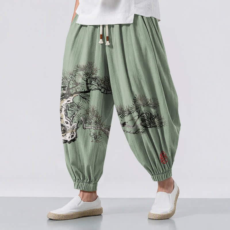 Buddha Stones Pantaloni harem da uomo in puro cotone con stampa a pino e coulisse, con tasche. - Verde chiaro - US/UK/AU50, EU60 (5XL) - image 12