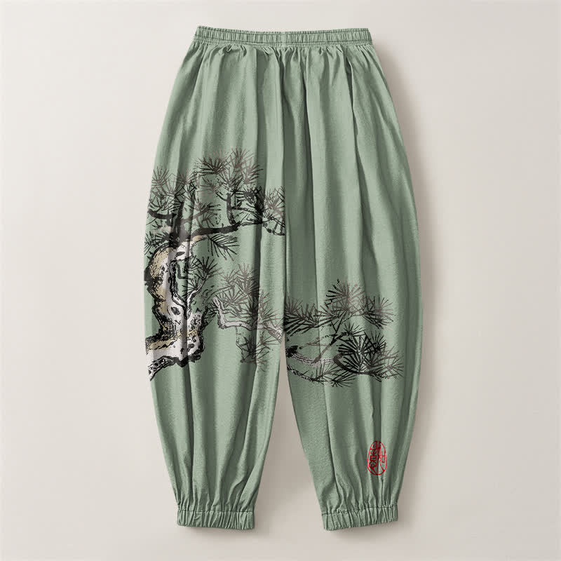 Buddha Stones Pantaloni harem da uomo in puro cotone con stampa a pino e coulisse, con tasche. - image 14