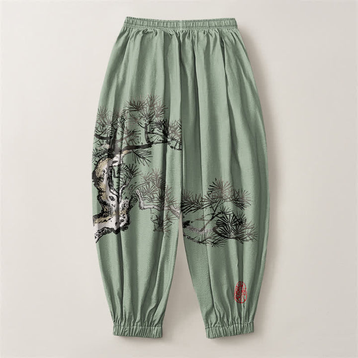 Buddha Stones Pantaloni harem da uomo in puro cotone con stampa a pino e coulisse, con tasche. - image 14