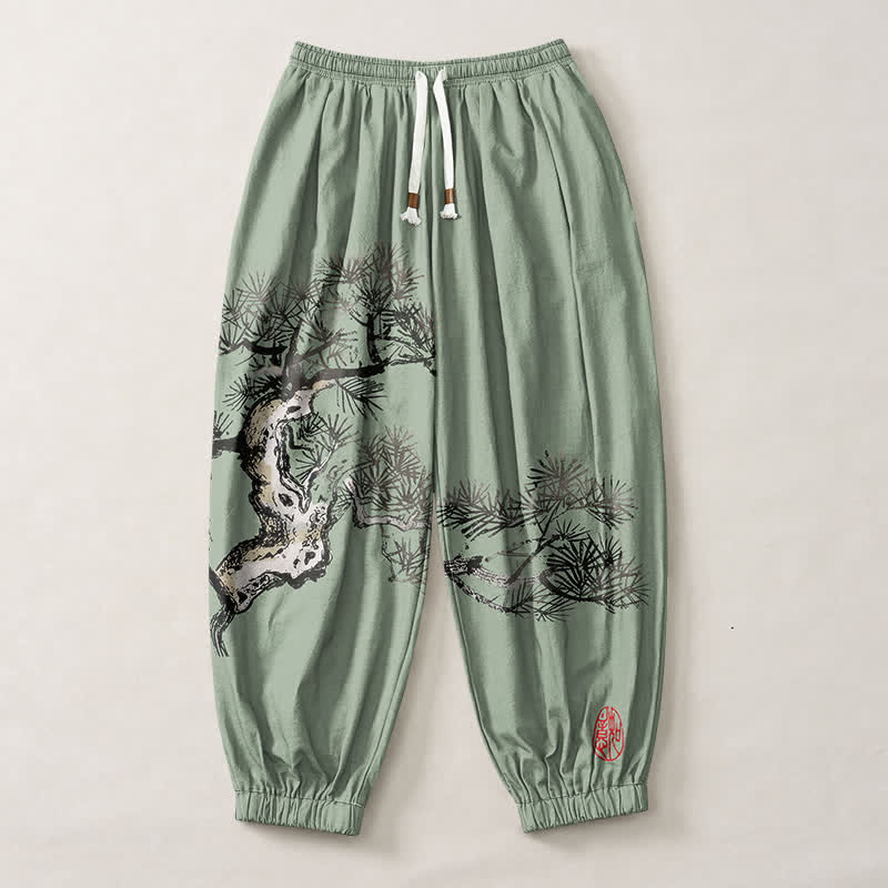 Buddha Stones Pantaloni harem da uomo in puro cotone con stampa a pino e coulisse, con tasche. - image 13