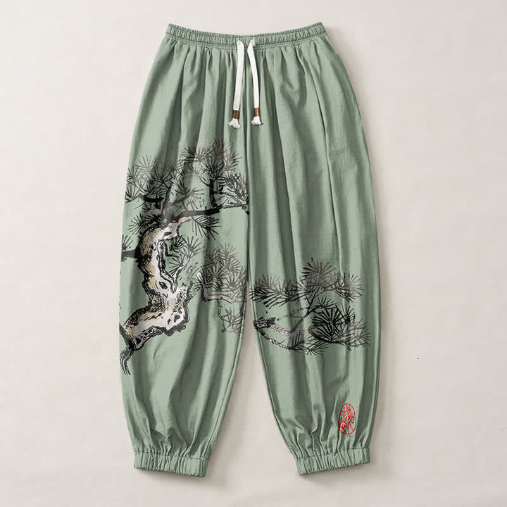 Buddha Stones Pantaloni harem da uomo in puro cotone con stampa a pino e coulisse, con tasche. - image 13