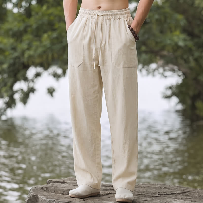 Buddha Stones Pantaloni lunghi da uomo classici, minimalisti, con coulisse, tinta unita, a gamba dritta e tasche, per primavera/estate. - Beige - US/UK/AU44, EU54 (3XL) - image 0