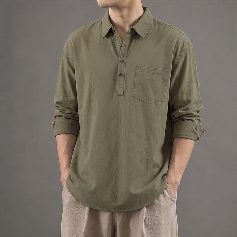 Buddha Stones Camicia da uomo a maniche lunghe in cotone tinta unita, casual, con bottoni e taschino applicato, ideale per primavera e autunno. - Verde oliva scuro - US/UK/AU42, EU52 (3XL) - image 0
