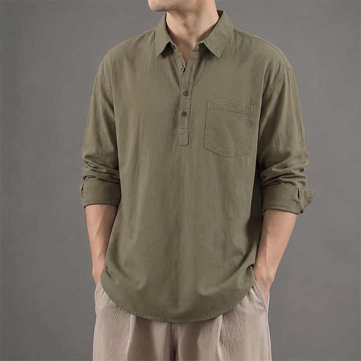 Buddha Stones Camicia da uomo a maniche lunghe in cotone tinta unita, casual, con bottoni e taschino applicato, ideale per primavera e autunno. - Verde oliva scuro - US/UK/AU42, EU52 (3XL) - image 0