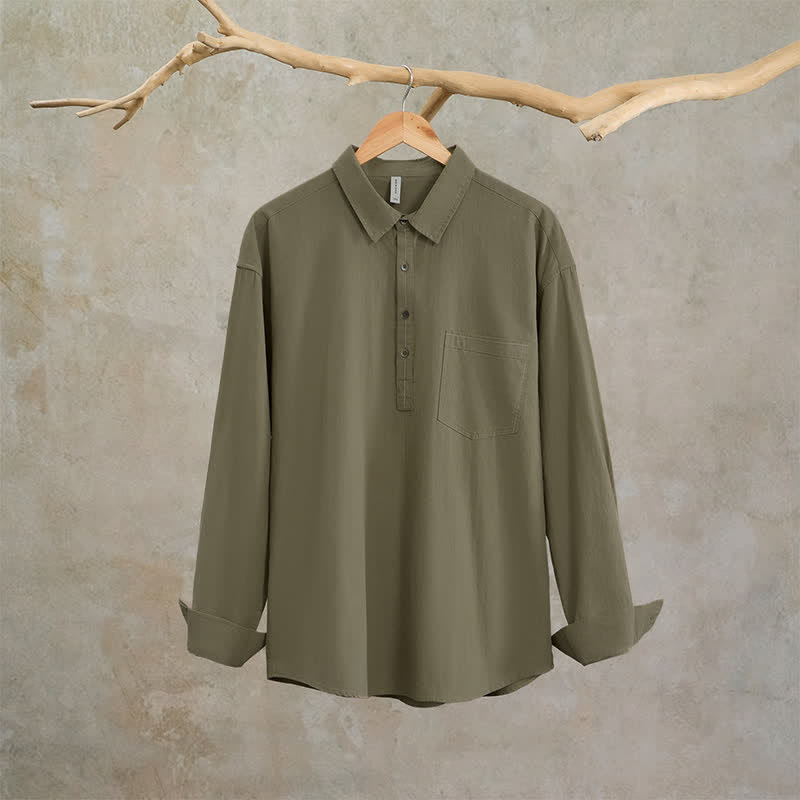 Buddha Stones Camicia da uomo a maniche lunghe in cotone tinta unita, casual, con bottoni e taschino applicato, ideale per primavera e autunno. - image 2