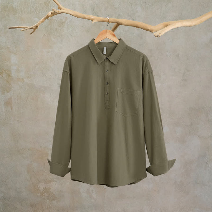 Buddha Stones Camicia da uomo a maniche lunghe in cotone tinta unita, casual, con bottoni e taschino applicato, ideale per primavera e autunno. - image 2