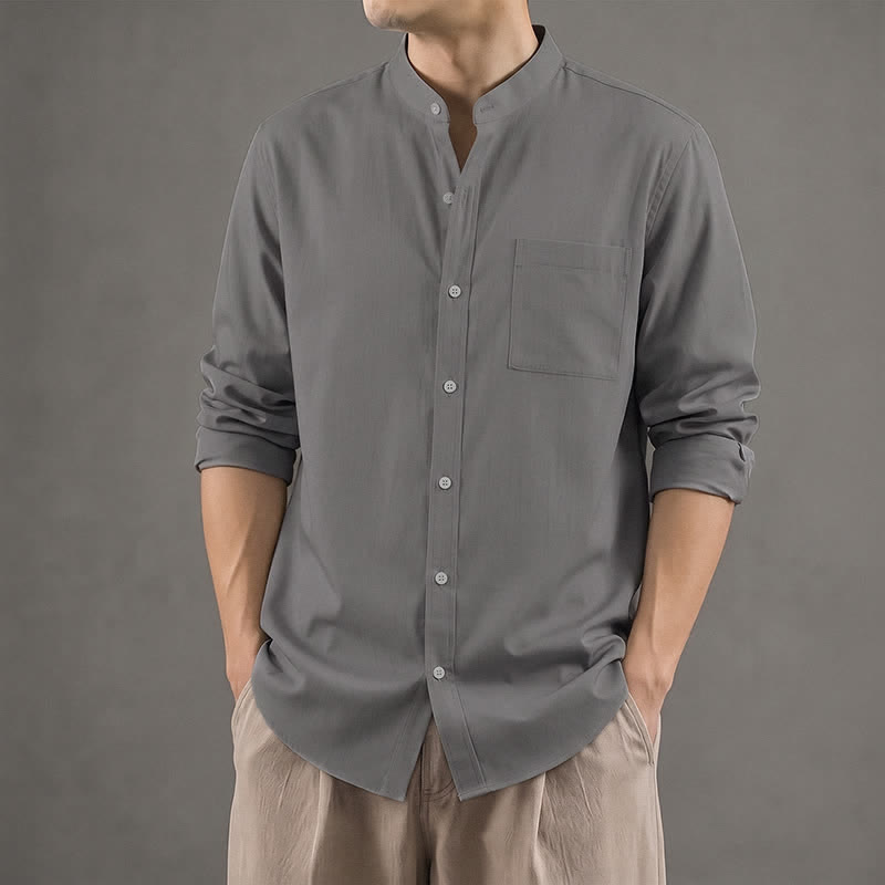 Buddha Stones Camicia da uomo a maniche lunghe, stile Tang, con colletto alla coreana, tinta unita, ideale per primavera/autunno, con taschino applicato. - image 21