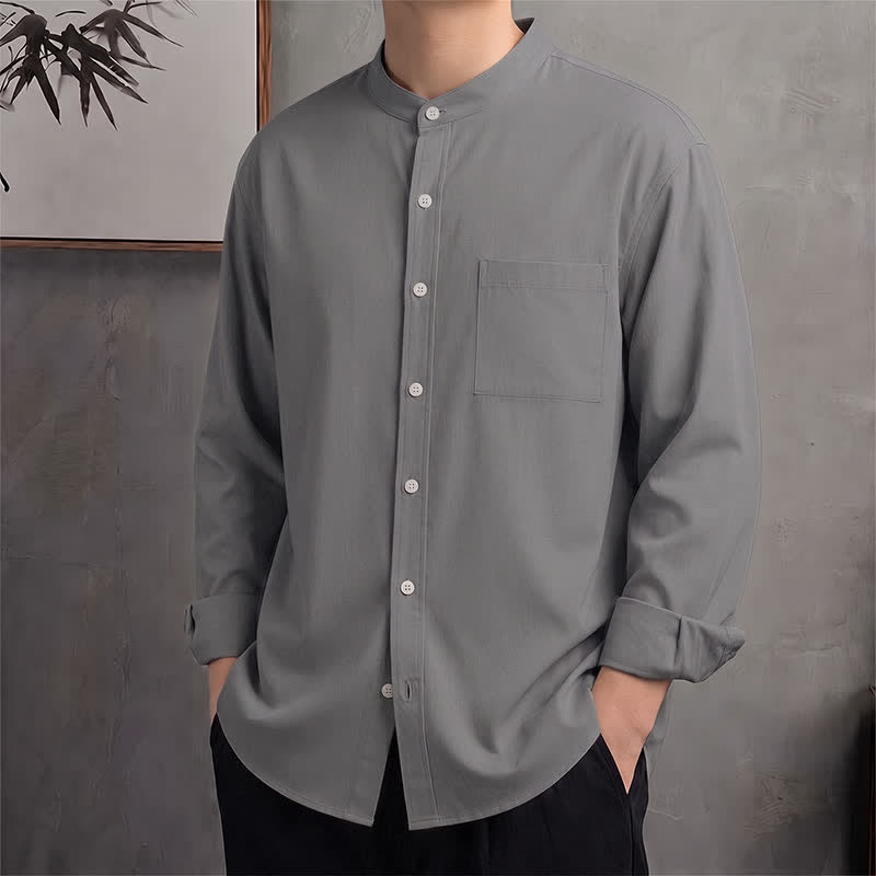 Buddha Stones Camicia da uomo a maniche lunghe, stile Tang, con colletto alla coreana, tinta unita, ideale per primavera/autunno, con taschino applicato. - Grigio - US/UK/AU42, EU52 (3XL) - image 20