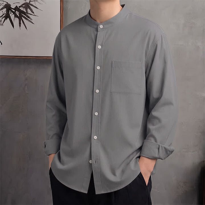 Buddha Stones Camicia da uomo a maniche lunghe, stile Tang, con colletto alla coreana, tinta unita, ideale per primavera/autunno, con taschino applicato. - Grigio - US/UK/AU42, EU52 (3XL) - image 20