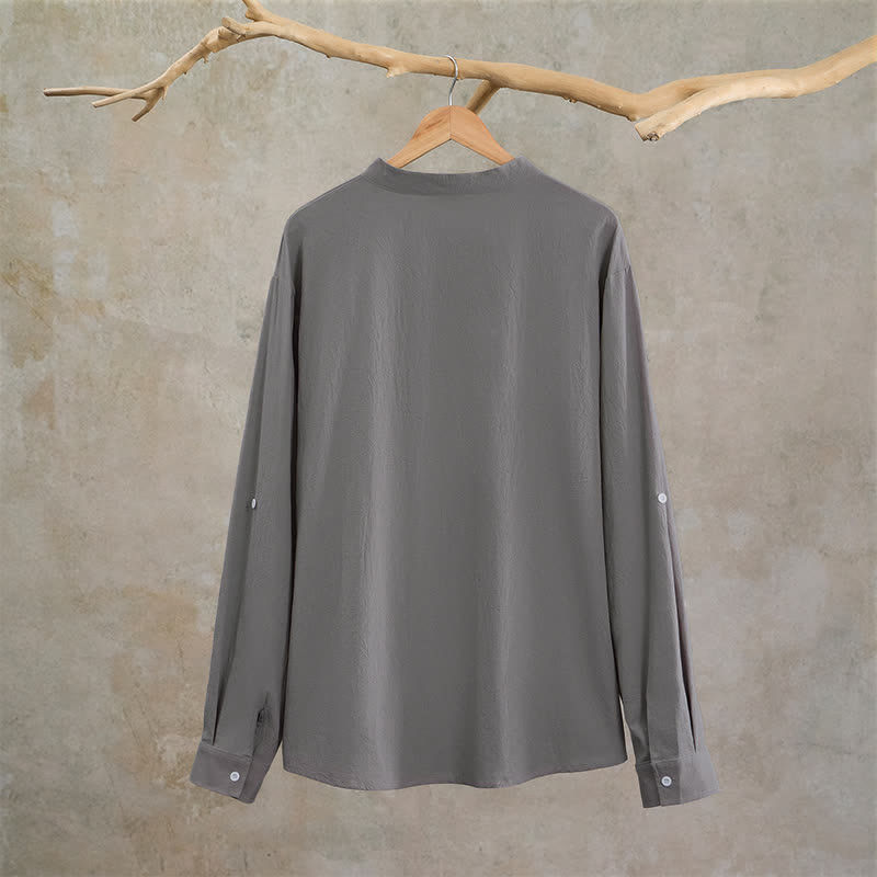 Buddha Stones Camicia da uomo a maniche lunghe, stile Tang, con colletto alla coreana, tinta unita, ideale per primavera/autunno, con taschino applicato. - image 23