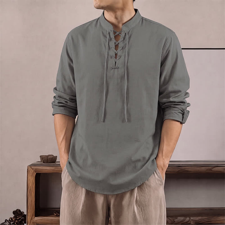 Buddha Stones Camicia da uomo a maniche lunghe in cotone e lino, stile casual, con coulisse, ideale per primavera e autunno. - Grigio - US/UK/AU42, EU52 (3XL) - image 6