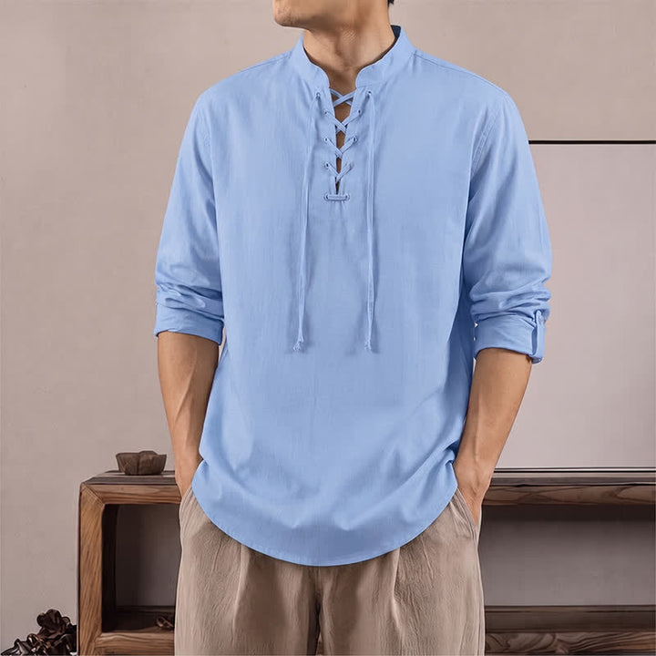 Buddha Stones Camicia da uomo a maniche lunghe in cotone e lino, stile casual, con coulisse, ideale per primavera e autunno. - Azzurro cielo chiaro - US/UK/AU42, EU52 (3XL) - image 14