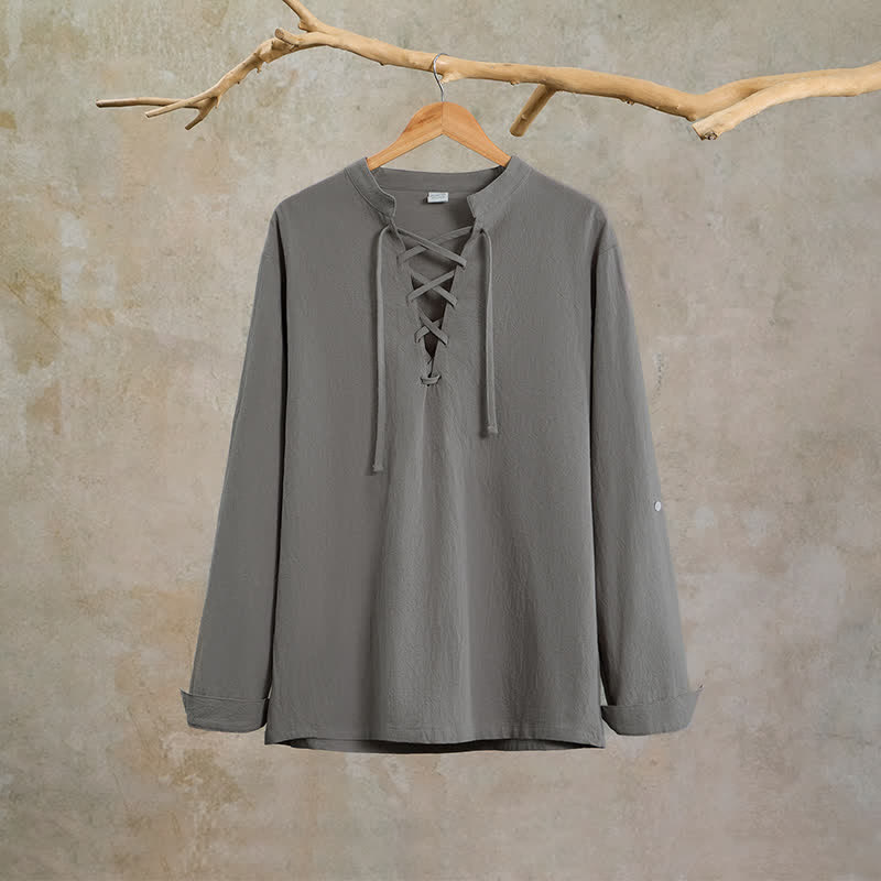 Buddha Stones Camicia da uomo a maniche lunghe in cotone e lino, stile casual, con coulisse, ideale per primavera e autunno. - image 7