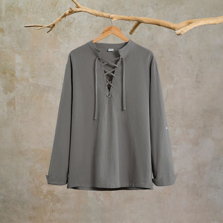 Buddha Stones Camicia da uomo a maniche lunghe in cotone e lino, stile casual, con coulisse, ideale per primavera e autunno. - image 7