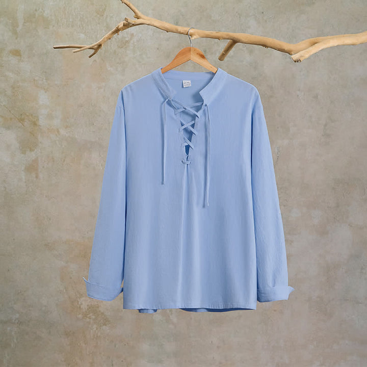 Buddha Stones Camicia da uomo a maniche lunghe in cotone e lino, stile casual, con coulisse, ideale per primavera e autunno. - image 15