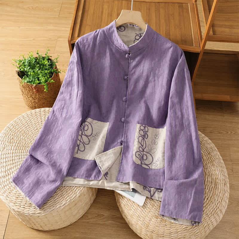 Buddha Stones Camicie da donna a maniche lunghe reversibili in stile vintage Tang, con ricami, bottoni a rana e stampa floreale, con tasche, perfette per l'autunno. - image 1