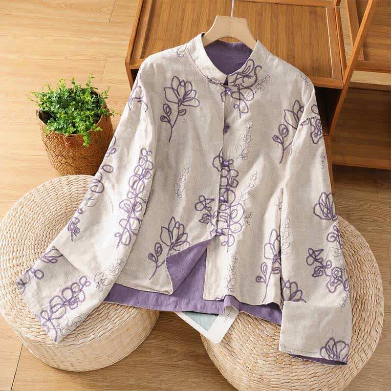 Buddha Stones Camicie da donna a maniche lunghe reversibili in stile vintage Tang, con ricami, bottoni a rana e stampa floreale, con tasche, perfette per l'autunno. - Lavanda - US8-10, UK/AU12-14, EU40-42 (2XL) - image 0