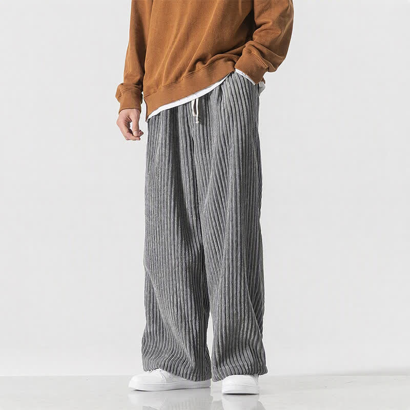 Buddha Stones Pantaloni lunghi da uomo in velluto a coste, tinta unita, stile vintage, con coulisse, per autunno/inverno, a gamba larga e tasca. - Grigio - US/UK/AU46, EU56 (5XL) - image 0