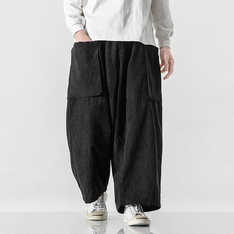 Buddha Stones Pantaloni da uomo a gamba larga, stile vintage, minimalisti, con coulisse, tinta unita, per autunno/inverno. - Nero - US/UK/AU46, EU56 (5XL) - image 0