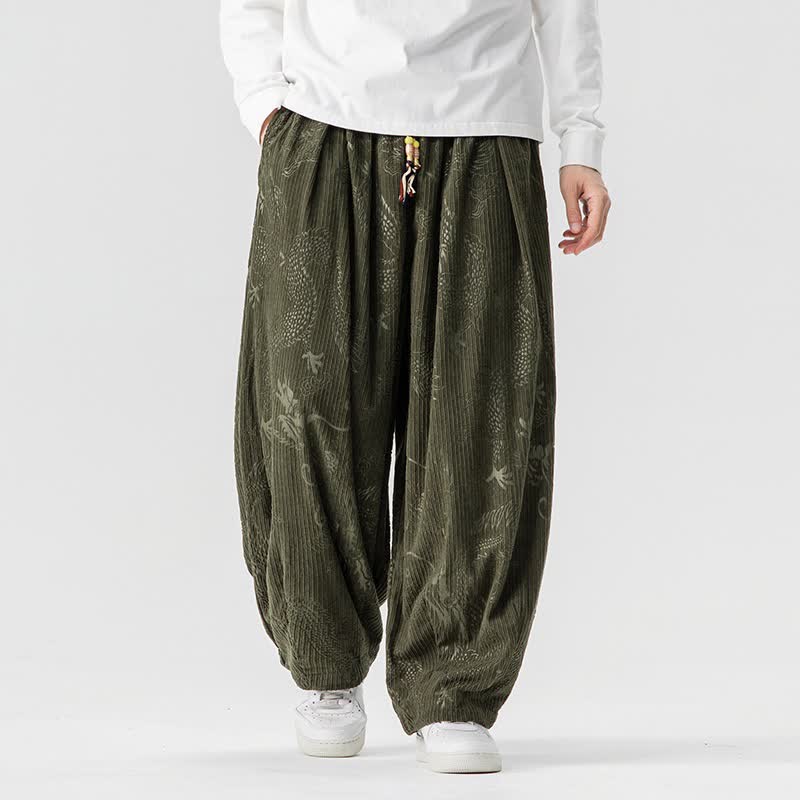 Buddha Stones Pantaloni lunghi da uomo in velluto a coste, stile vintage, casual, con coulisse e motivo drago, per autunno/inverno, modello harem con tasche. - Verde oliva scuro - US/UK/AU46, EU56 (5XL) - image 0